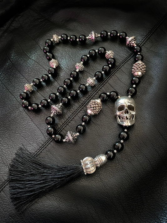 Black Onyx Skull Mala Chain Necklace