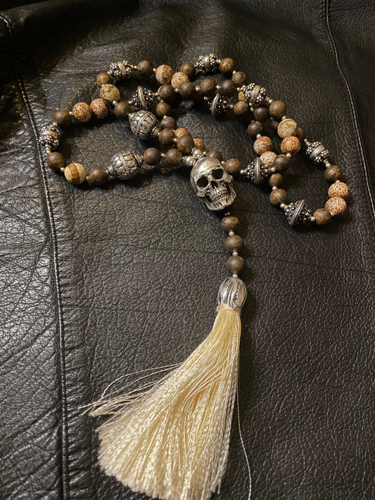 Bronzite Stone Mala Chain Silver Skull Necklace